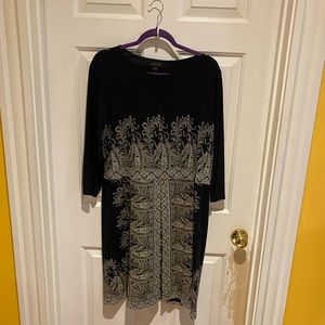 J Jill three quarter length sleeve black dress with beautiful pattern.